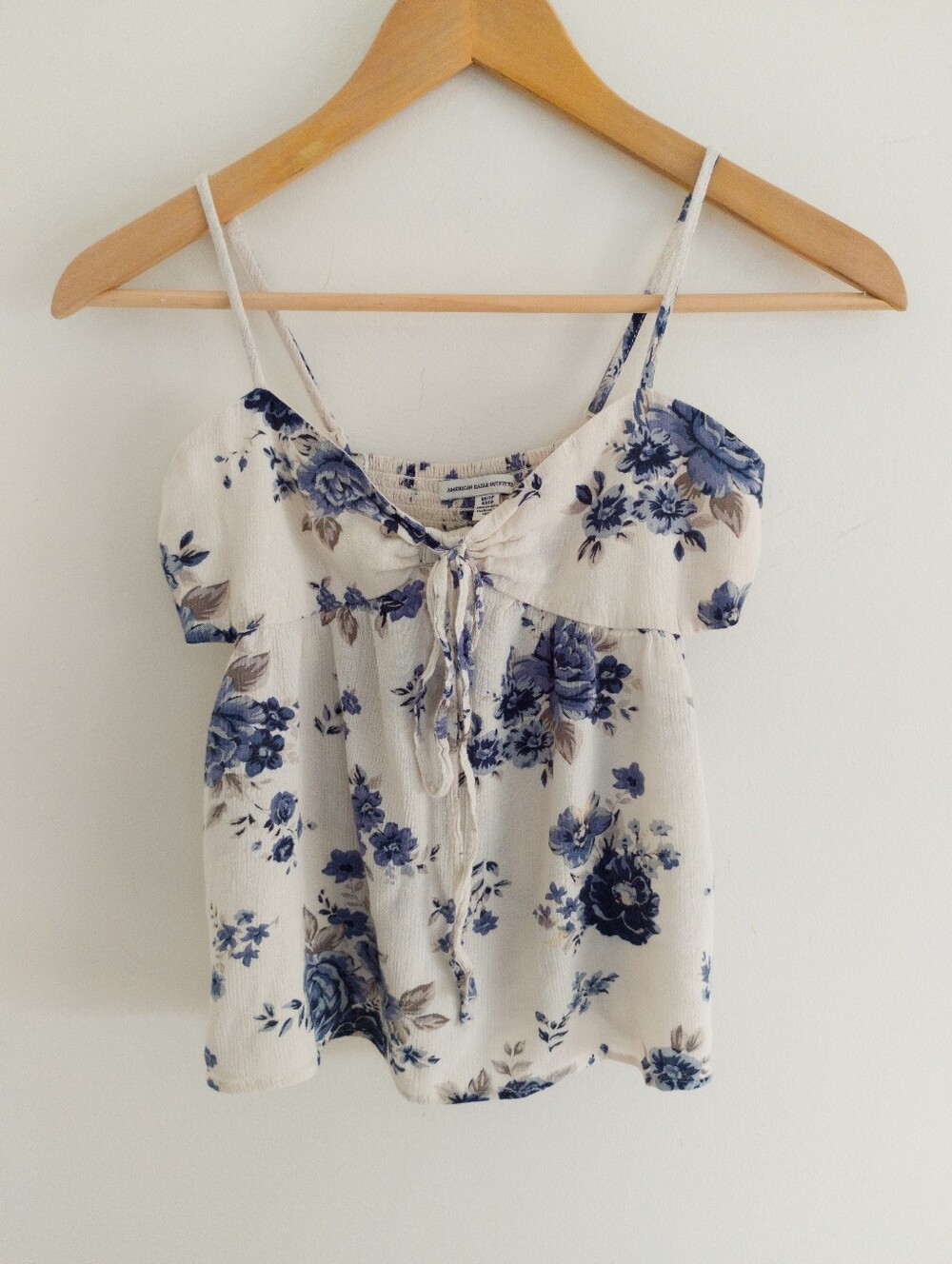 American Eagle Blue Floral Smocked Tie-Front Cami Tank Top XS